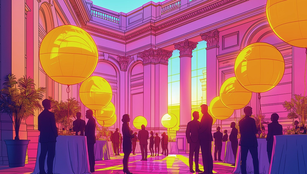 Illustrated B2B event marketing concept with lead generation, audience targeting, and campaign analytics