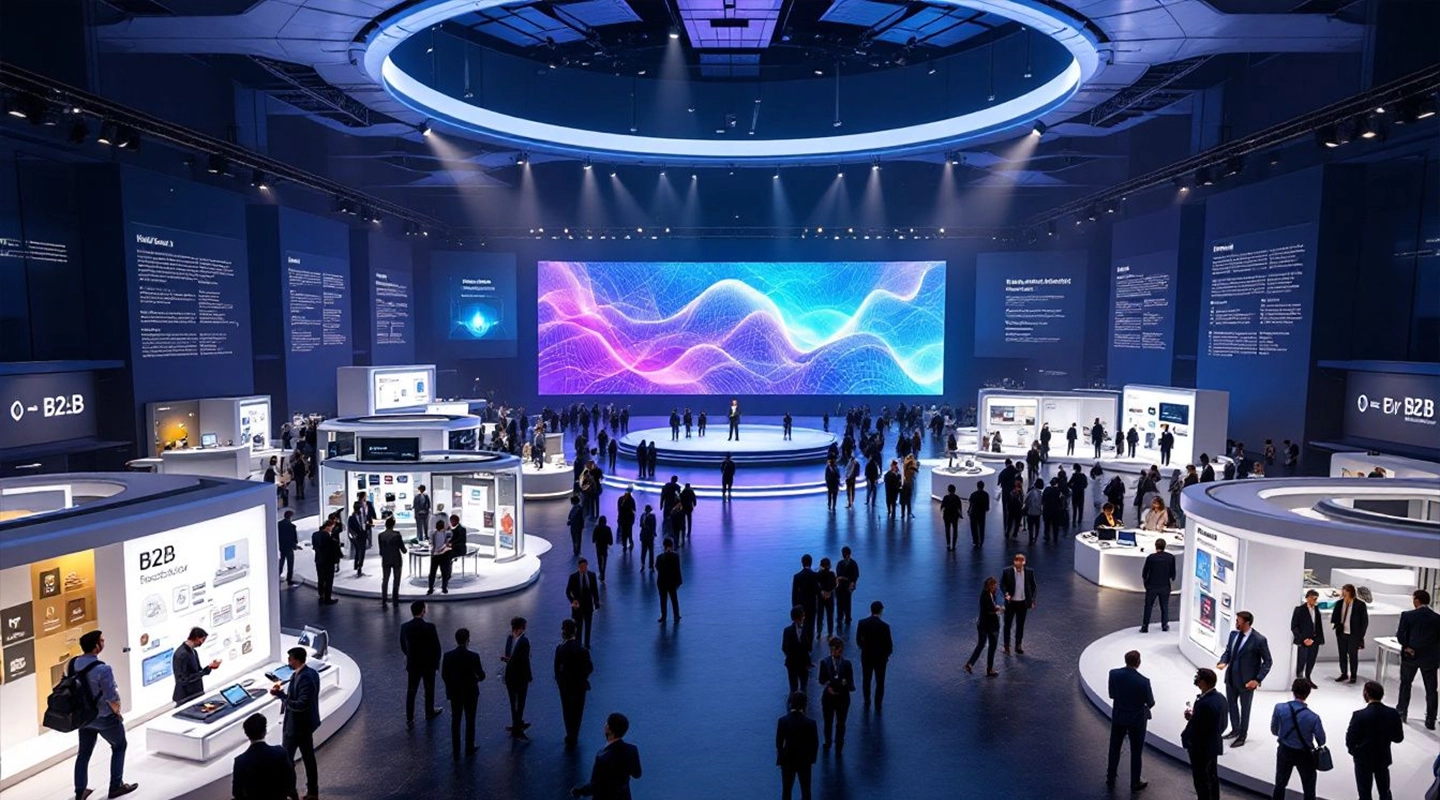 Illustration of B2B event types including conferences, webinars, trade shows, and networking events