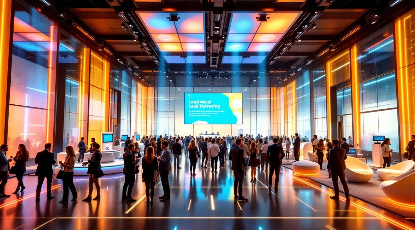 B2B post-event follow-up illustration showing email nurture, lead scoring, and sales handoff