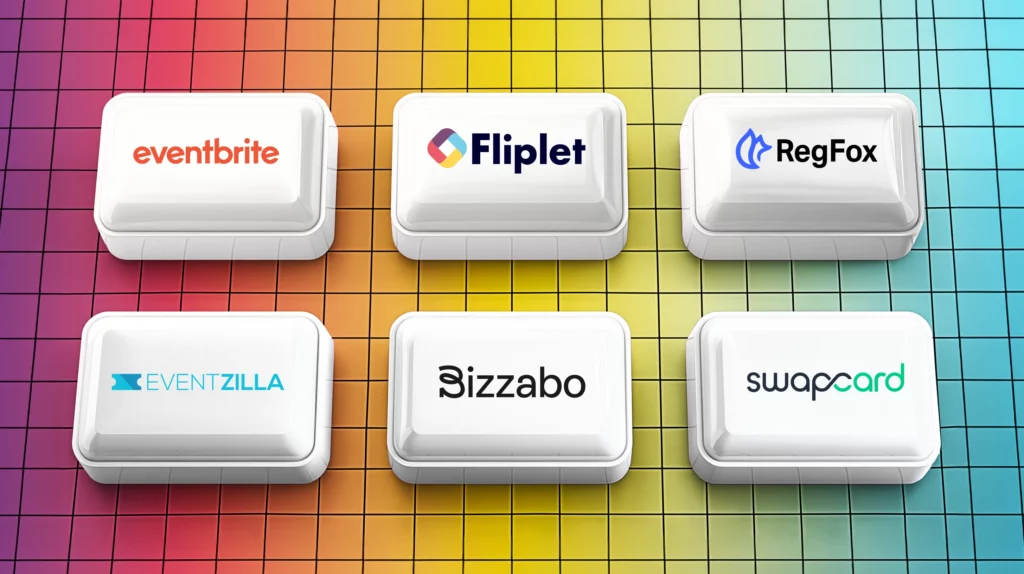 Comparison cover showing Eventbrite, Fliplet, RegFox, Eventzilla, Bizzabo, and Swapcard logos
