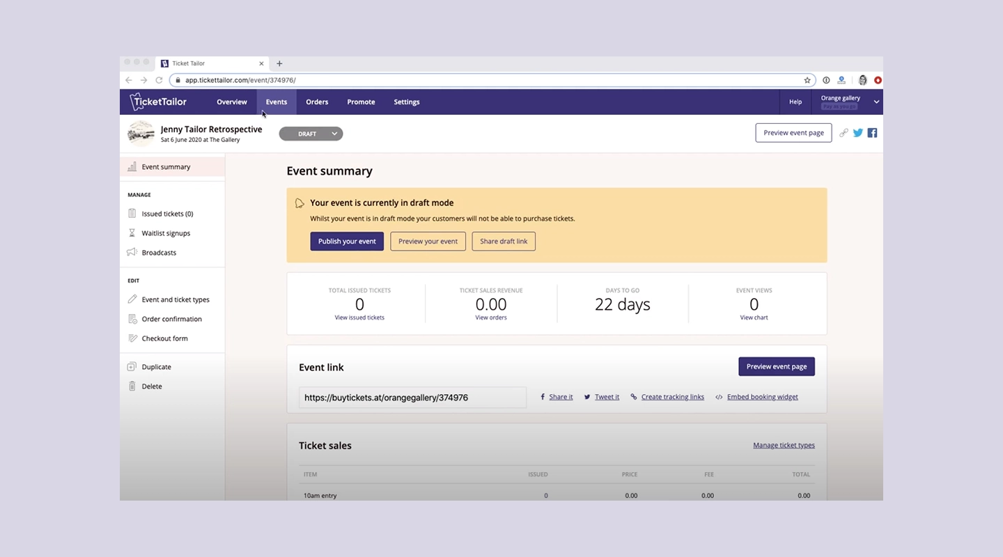 Ticket Tailor event ticketing platform interface