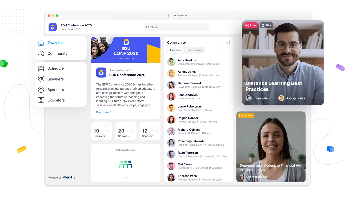 Attendify event app interface for schedules, networking, and sponsors
