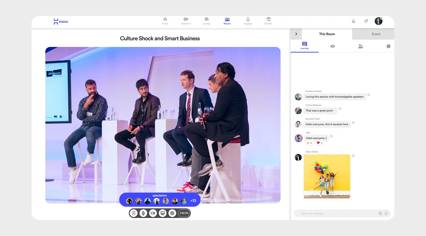 Hubilo event engagement and webinar platform interface