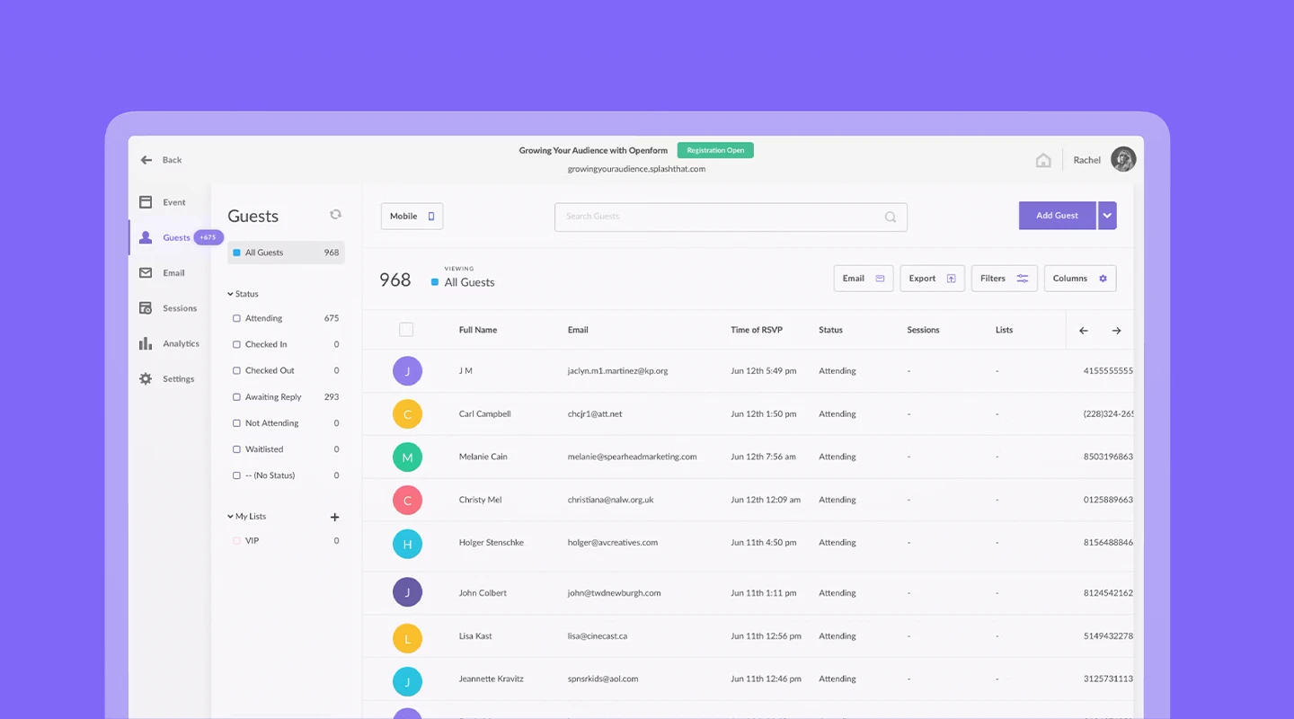 Splash event marketing and registration platform interface