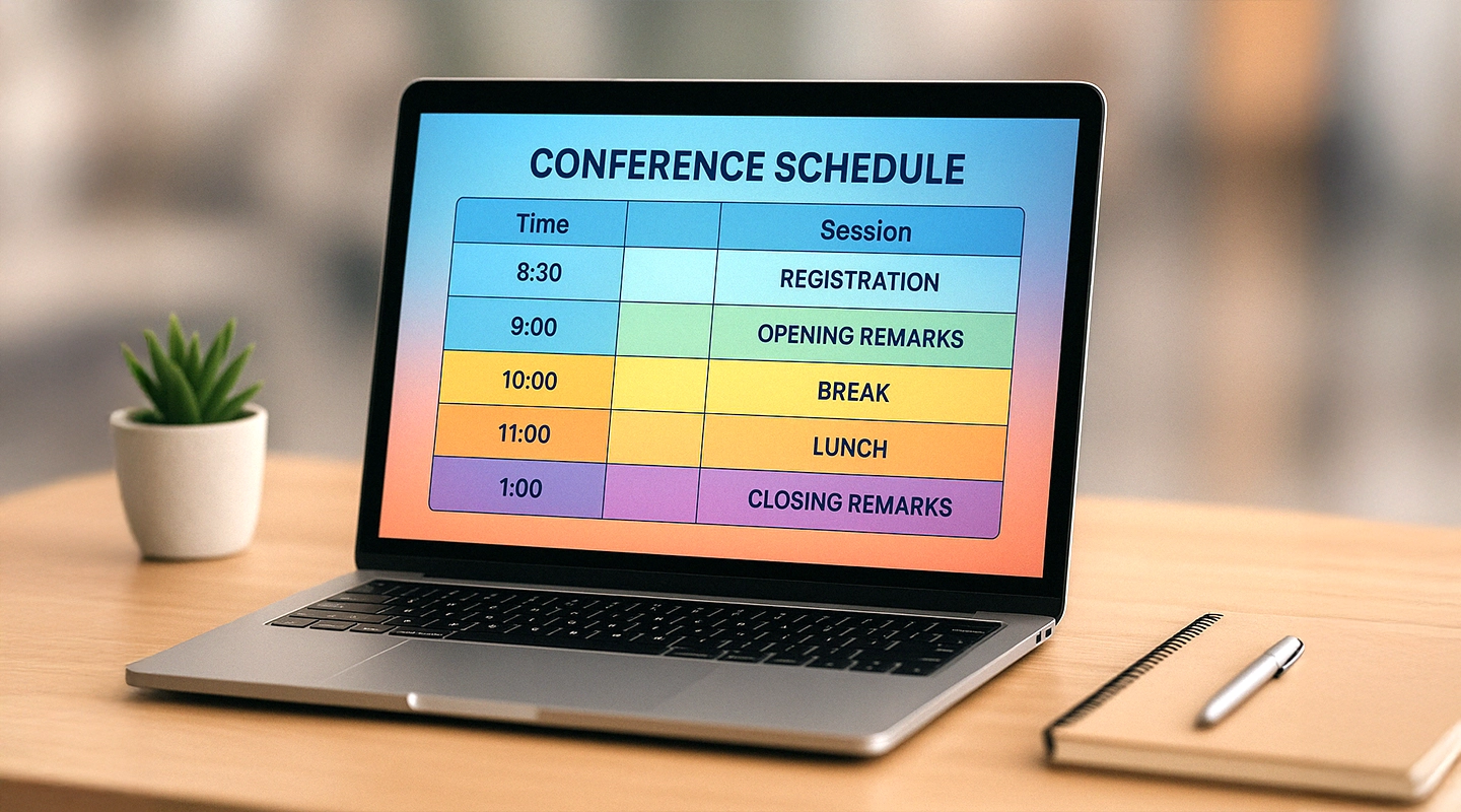 Conference agenda template example showing a structured schedule for sessions and breaks