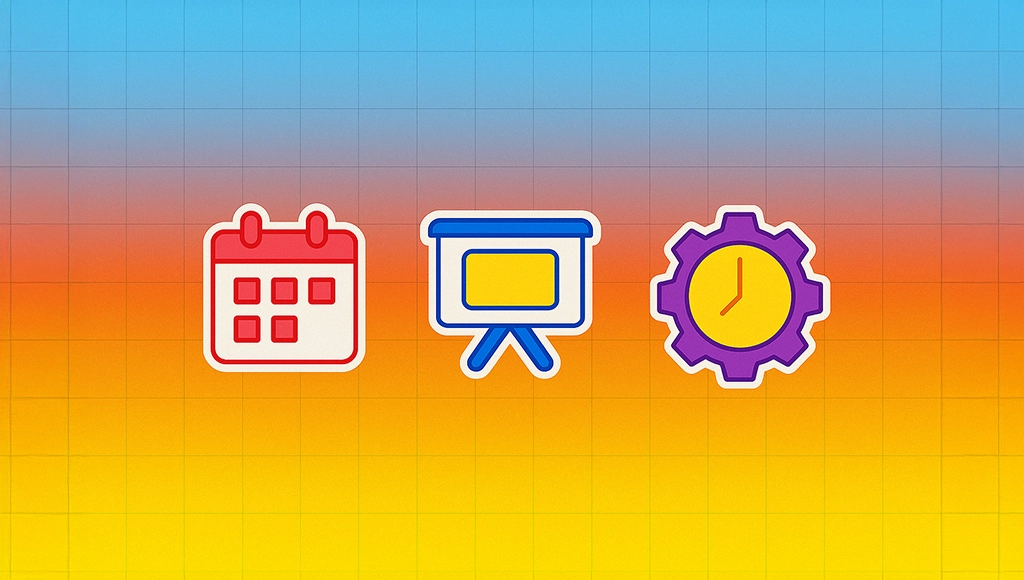 Illustrated conference agenda template cover with schedule blocks, checklist icons, and session planning markers