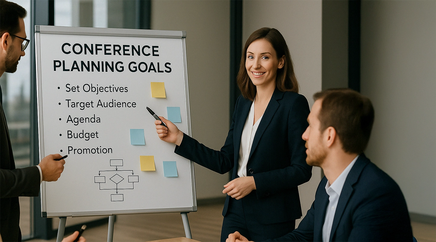 Illustration of a conference planning board focused on goals, outcomes, and audience priorities
