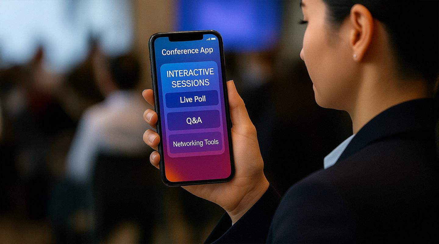 Illustration of conference attendees engaging with sessions, networking tools, and event content