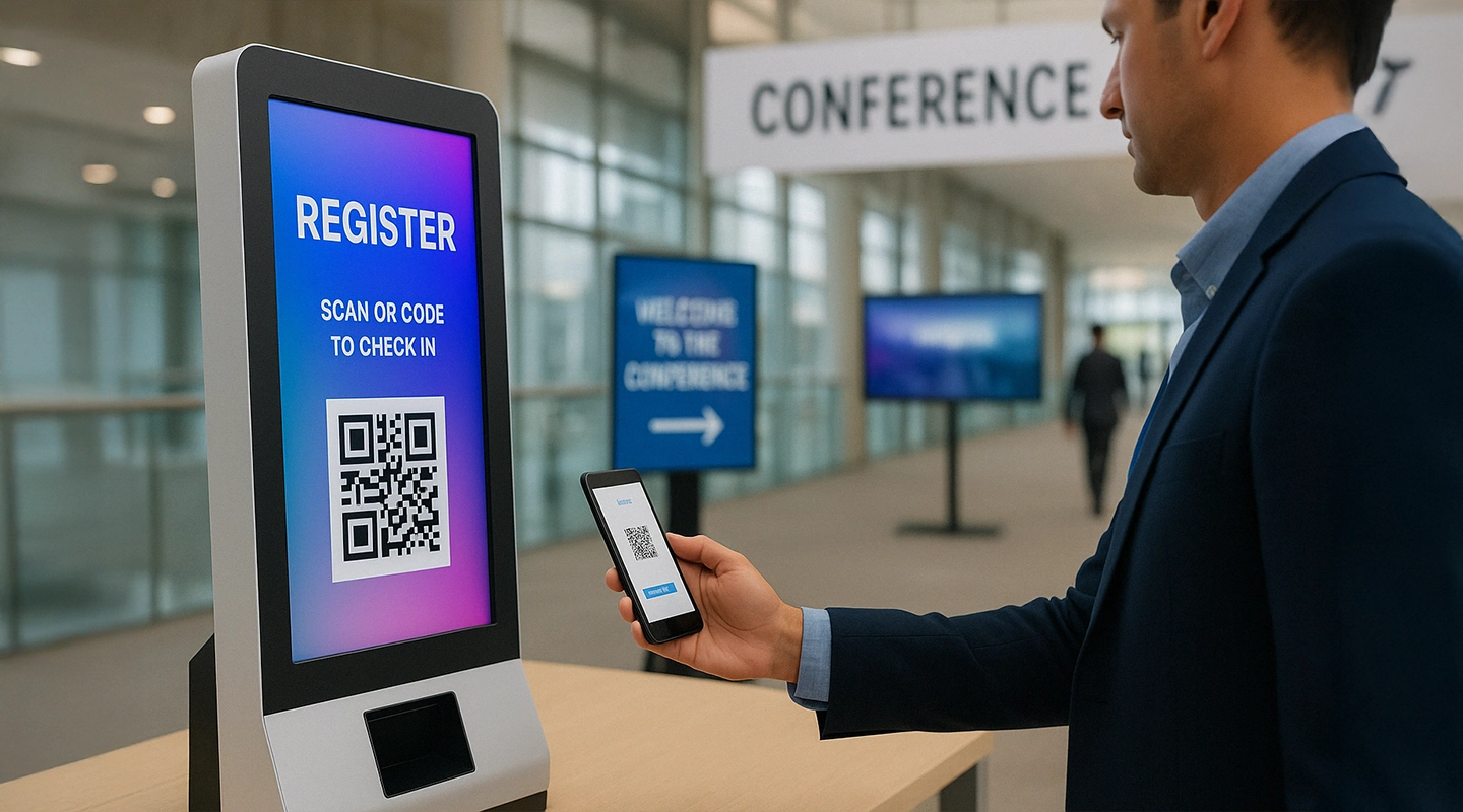 Illustration of a conference registration and check-in flow with attendee badges, queues, and digital scanning