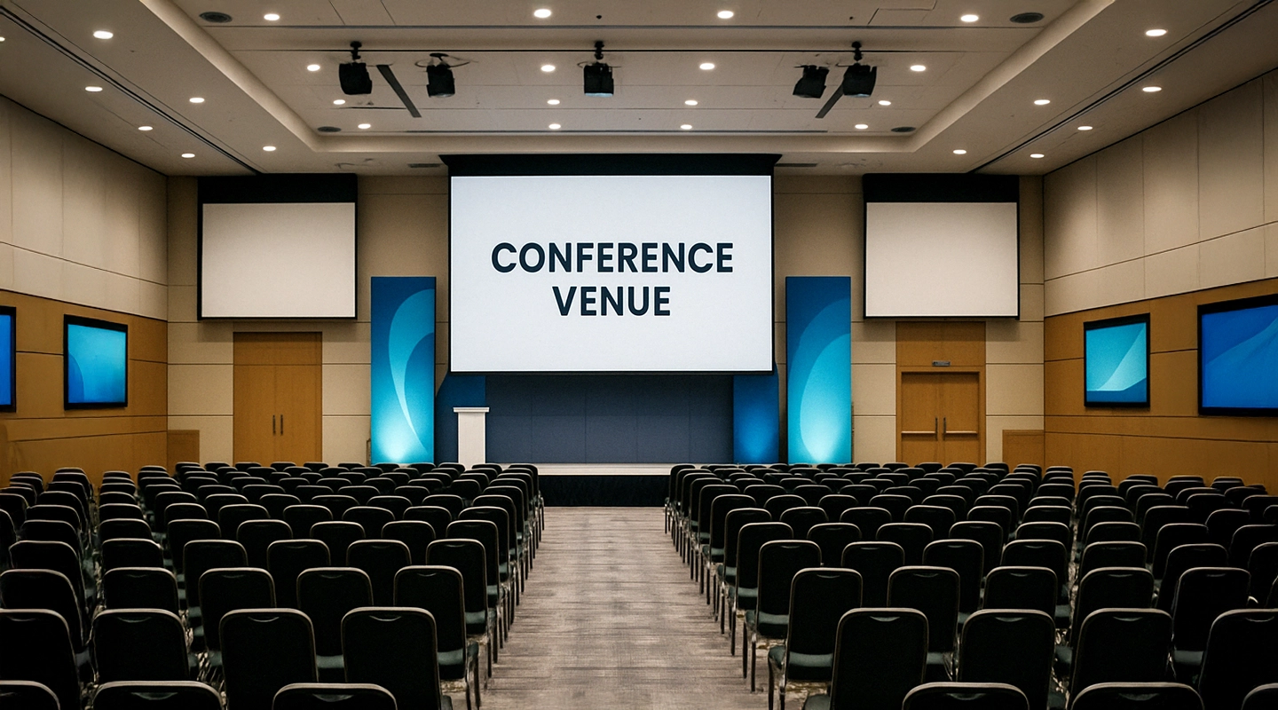 Illustration of venue selection and booking with floor plans, availability, and event logistics details