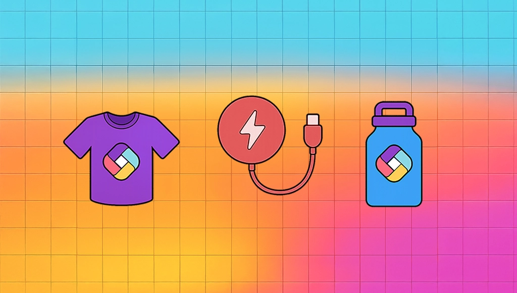 Illustrated conference swag cover with branded tote bag, bottle, apparel, and giveaway items