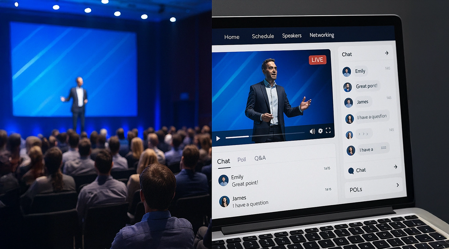 Illustration featuring several corporate event formats such as conferences, launches, and team gatherings