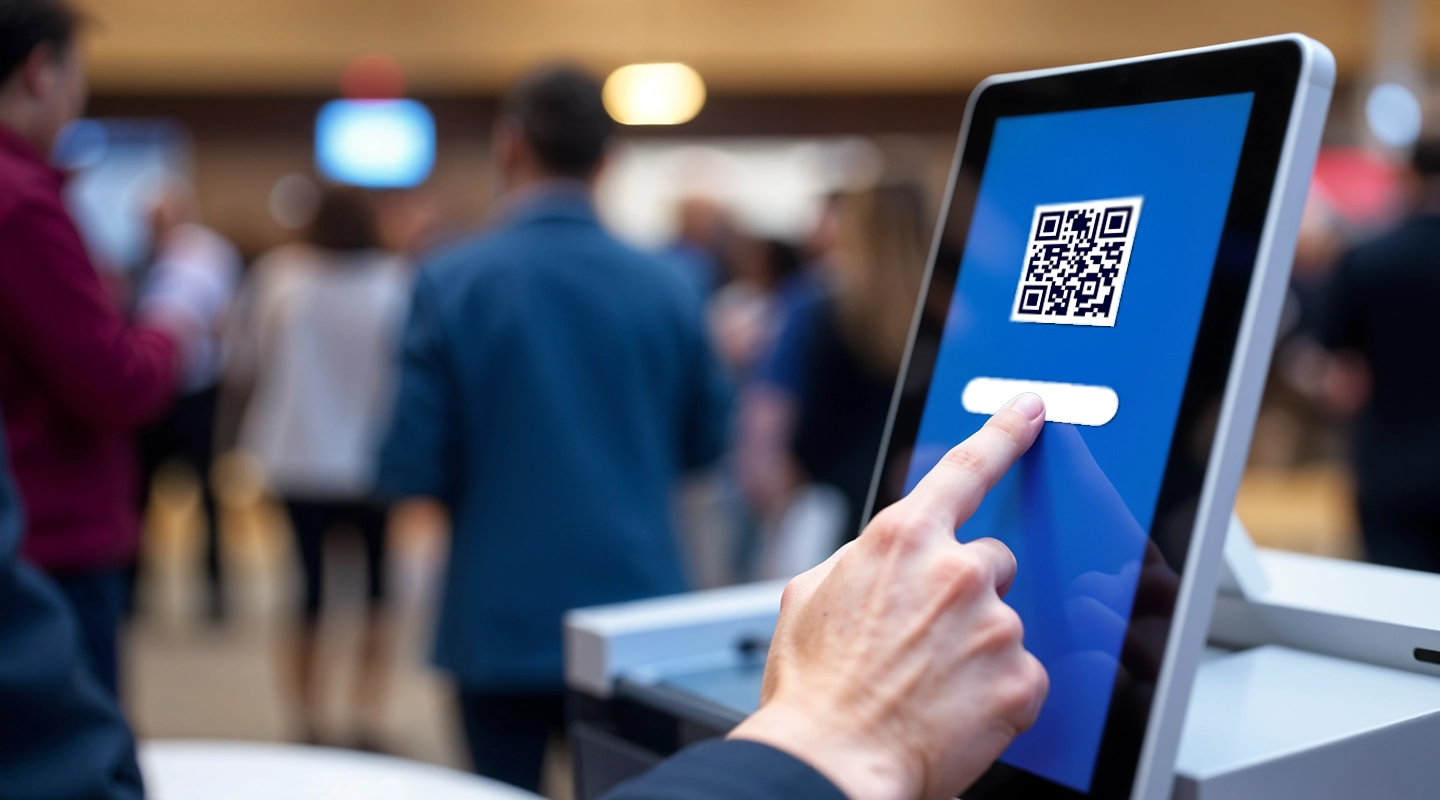 Event badges paired with QR code scanning and security tools for check-in