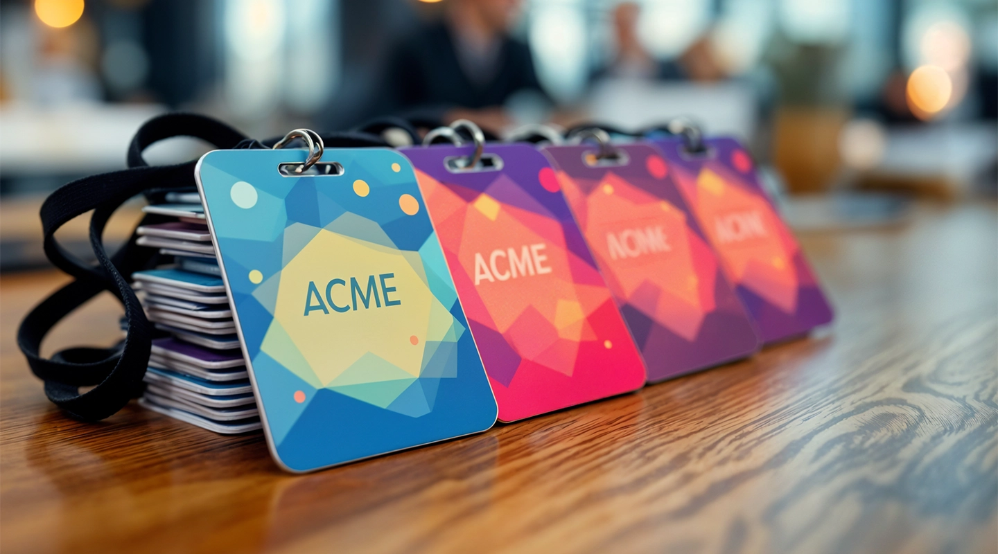 Examples of custom event badges for attendees, staff, and VIP guests