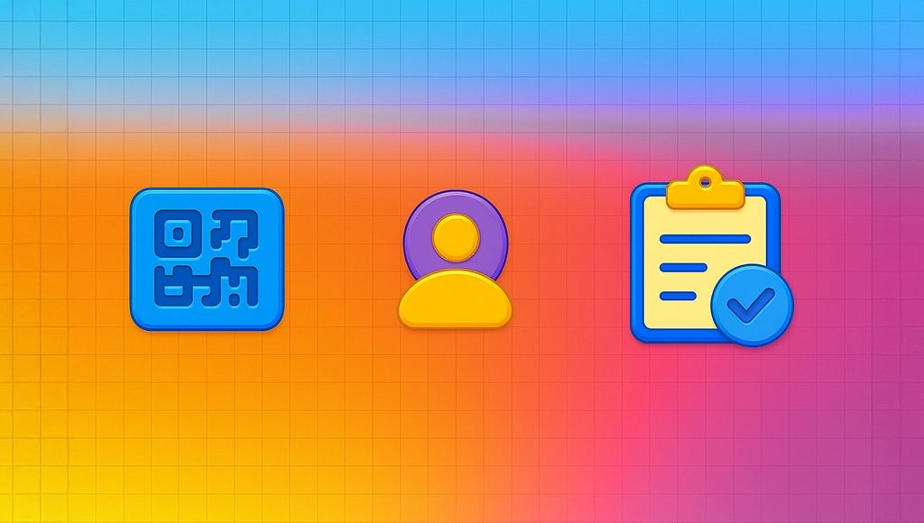 Illustrated event check-in graphic with a QR code, an attendee icon, and a checked clipboard