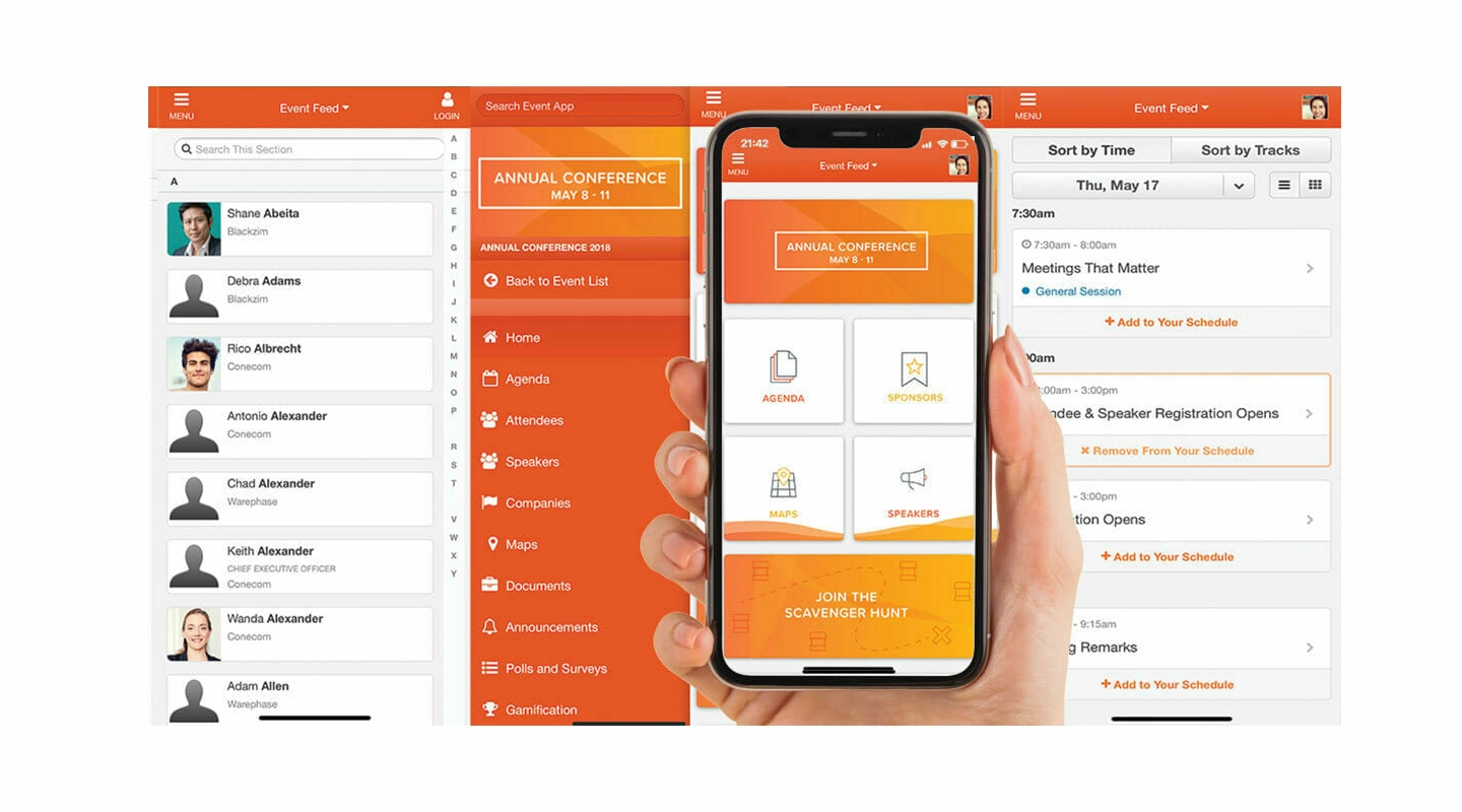 EventMobi event app interface with gamification and attendee engagement features