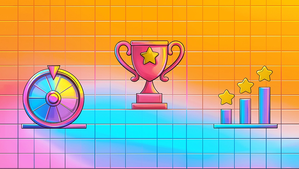 Illustrated event gamification app with trophies, points, and leaderboard-style engagement elements
