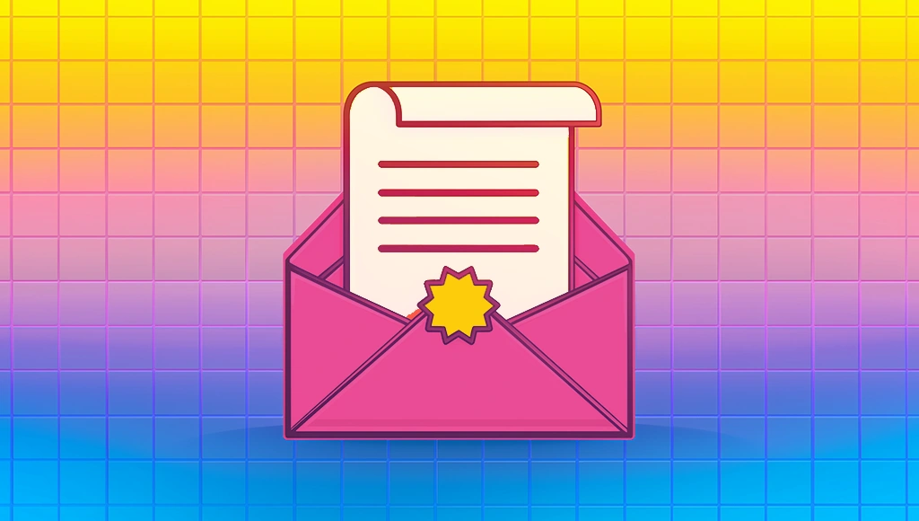 Illustrated event invitation graphic with an envelope, letter, and badge seal on a bright gradient background