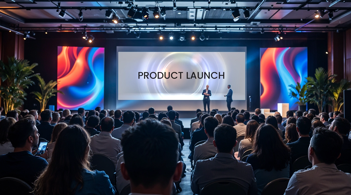 Audience watching a live product launch presentation on a large stage