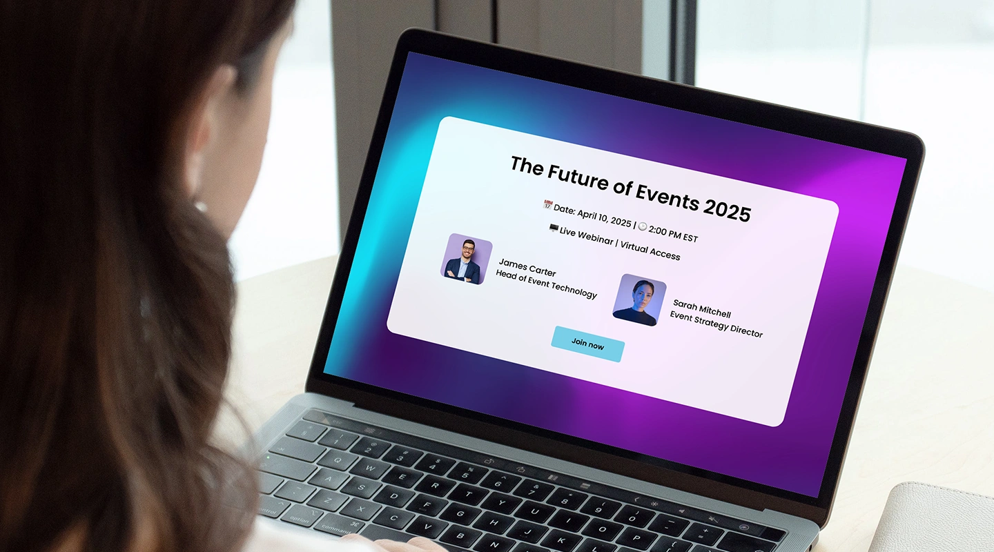 Virtual event invitation displayed on a laptop screen with speakers and webinar details