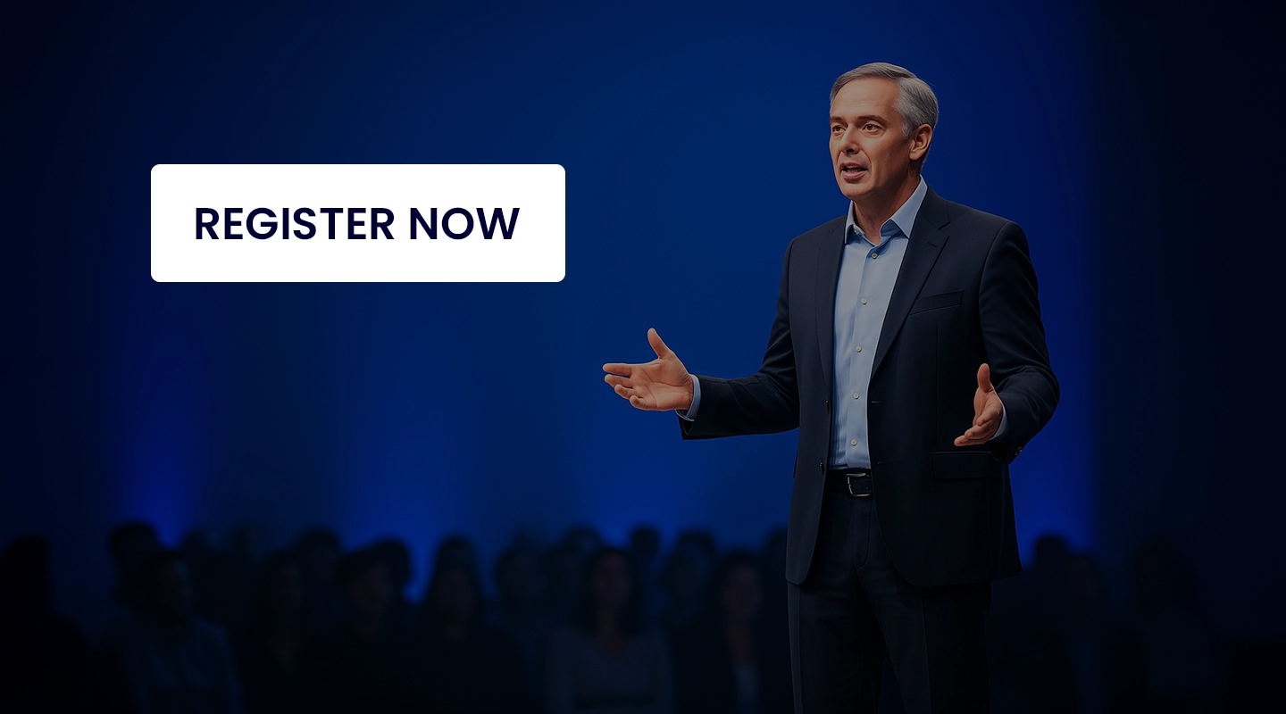 Event landing page design example with bold visuals and speaker highlights