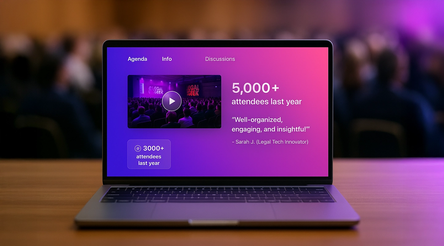 Event landing page example using testimonials, attendance figures, and trust signals