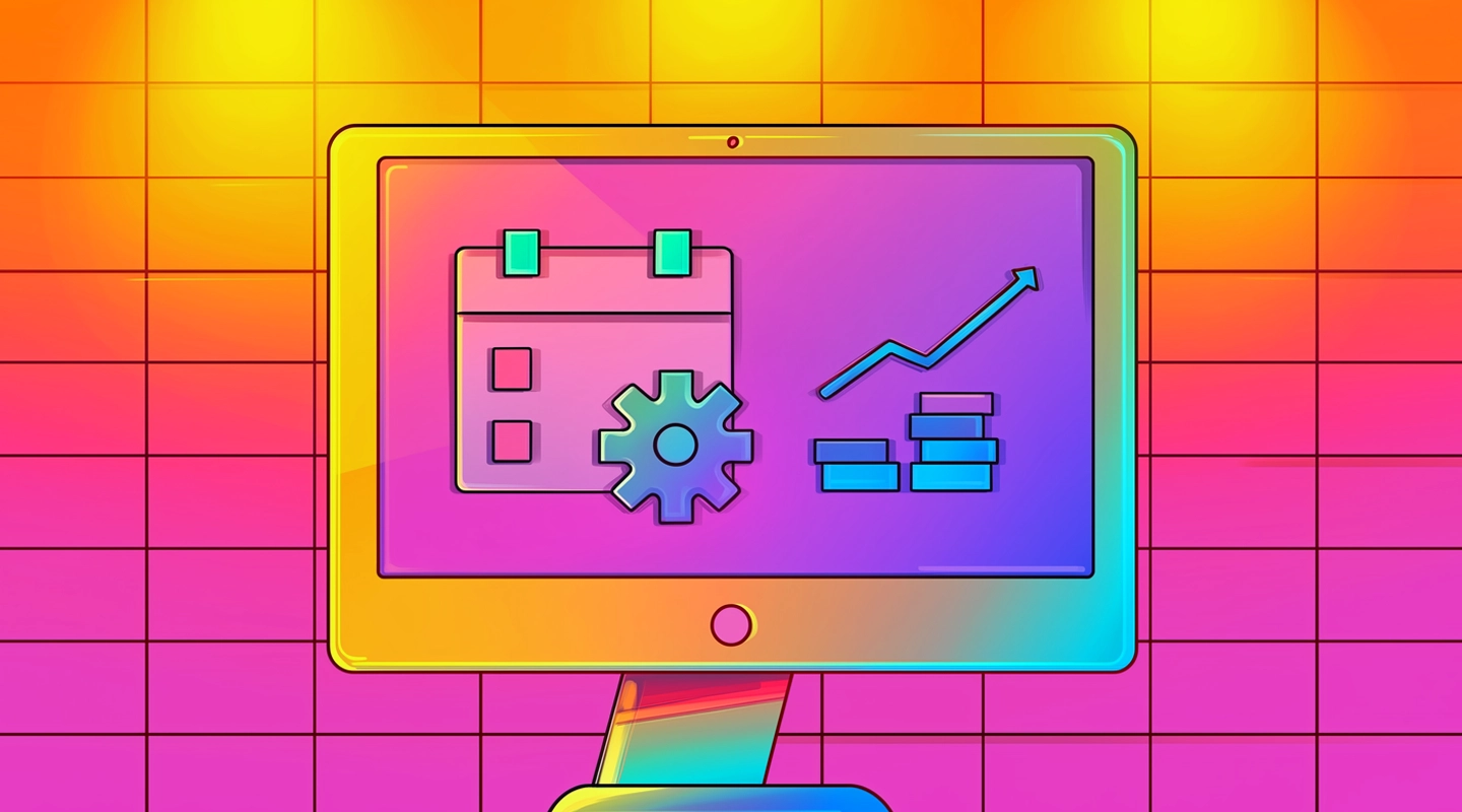 Illustration of event management software tools for registration, agendas, communication, and reporting