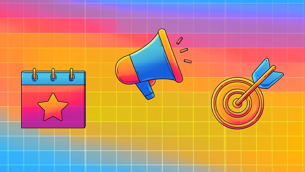 Illustrated event marketing cover with a megaphone, chart, ticket, and audience icons