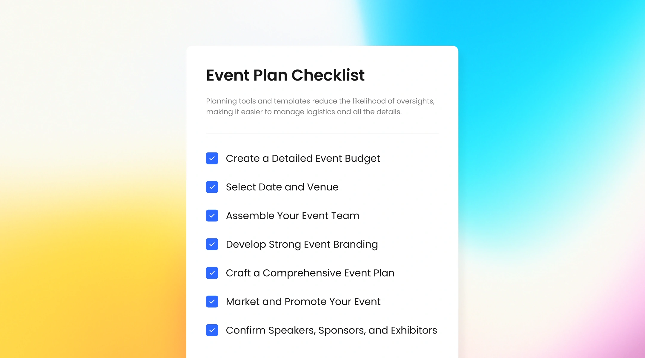 Event planning checklist illustration with tasks for venue, promotion, and attendee management