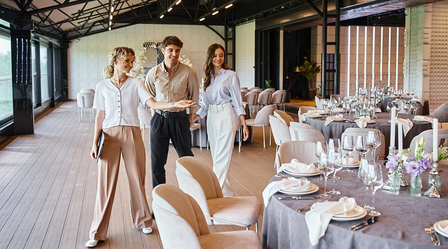 Event day preparation illustration with venue setup, registration, and on-site coordination