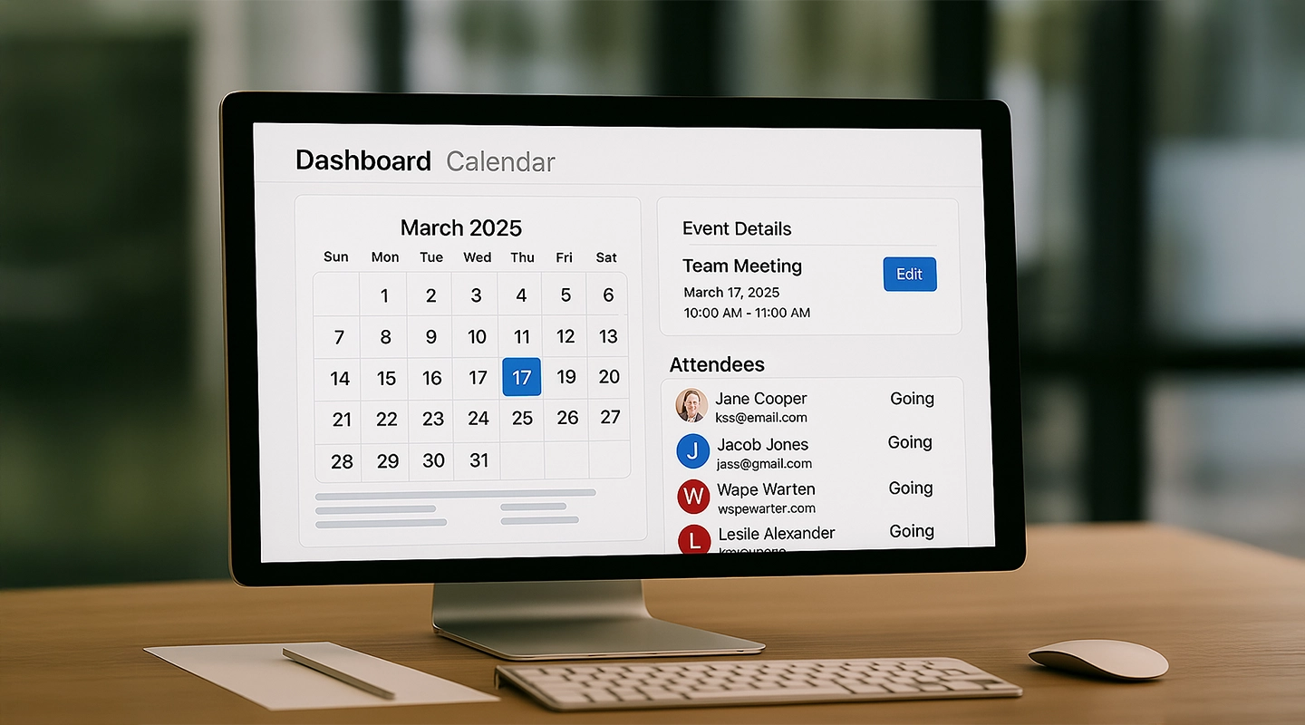 Illustration of an event scheduling dashboard with sessions, speakers, and live agenda controls