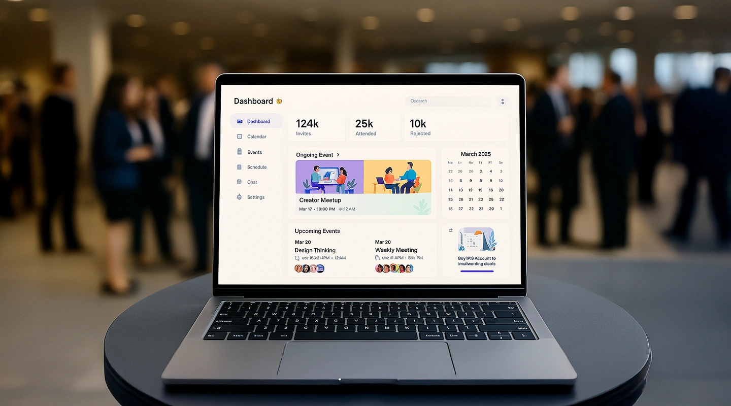 Illustration of event scheduling software connected to registration, CRM, and communication tools