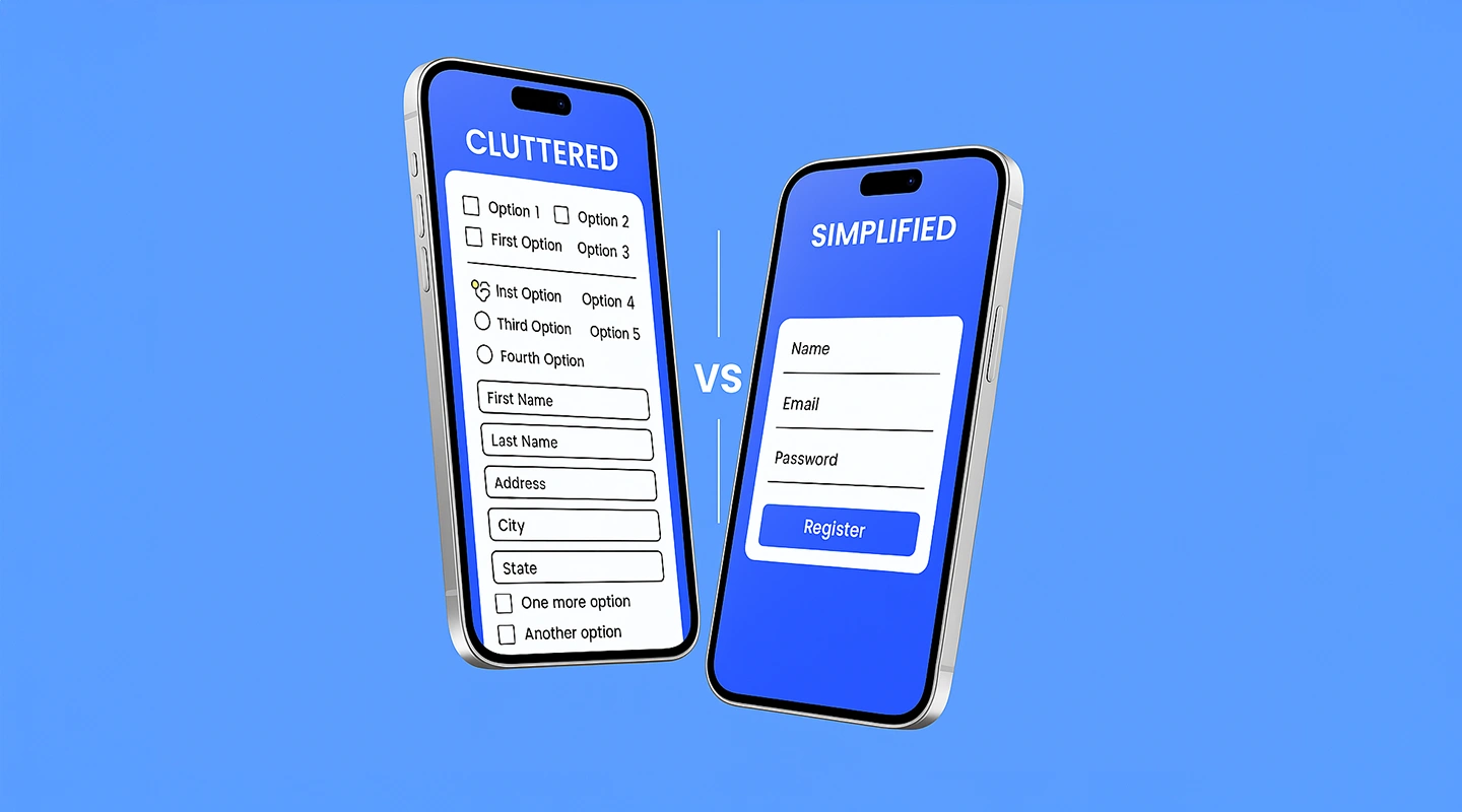Side-by-side mobile screens comparing a cluttered event form with a simplified registration form
