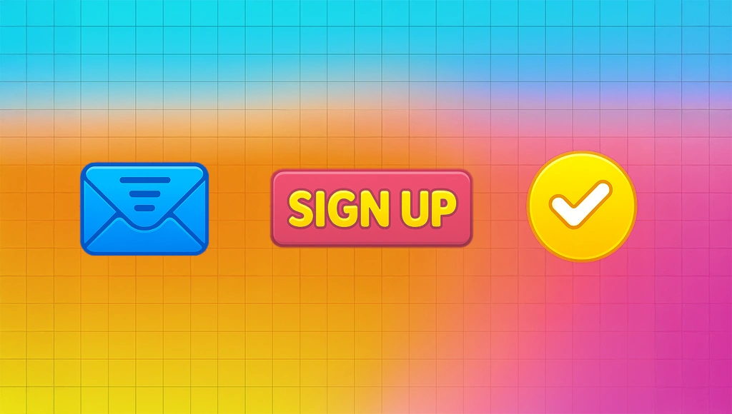 Illustrated event sign-up graphic with an envelope icon, a sign-up button, and a checkmark