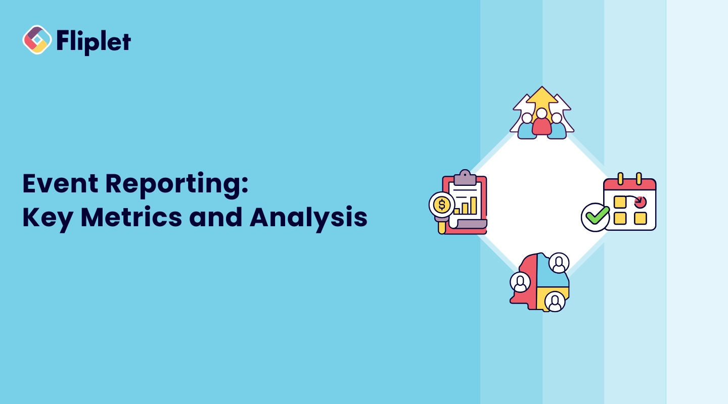 Illustration of event analytics metrics including attendance, engagement, and ROI measurements