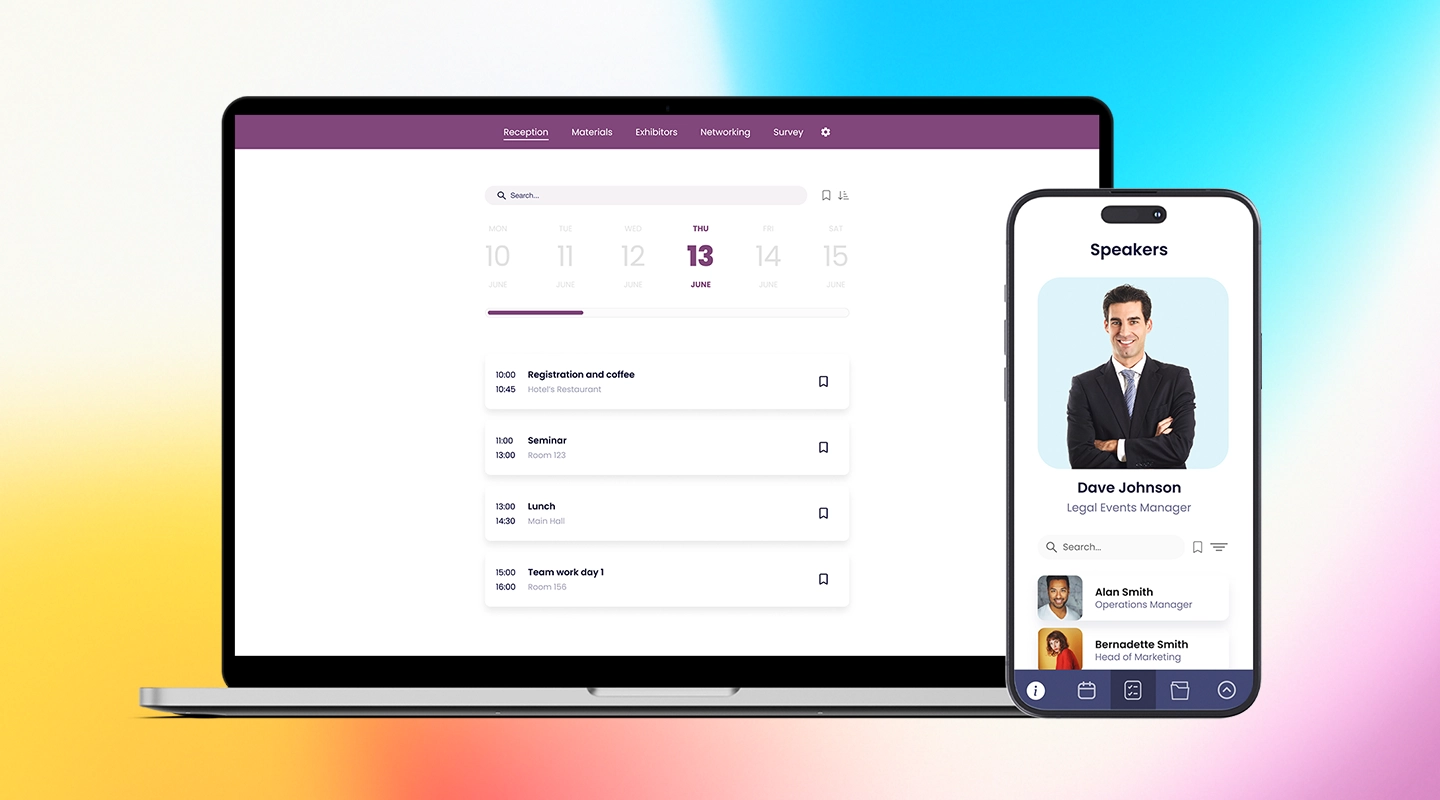 Illustration of Fliplet event reporting tools with dashboards, attendee insights, and post-event analysis