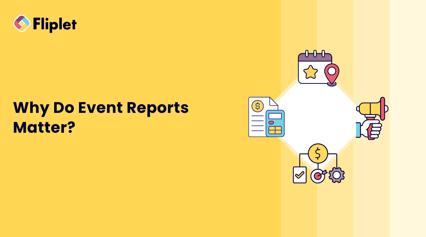 Illustration showing event report insights with attendee data, performance charts, and outcome summaries