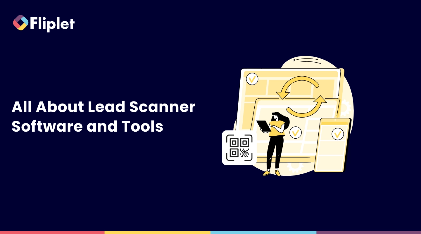 Illustration of lead scanner software with attendee records, follow-up tasks, and CRM sync tools