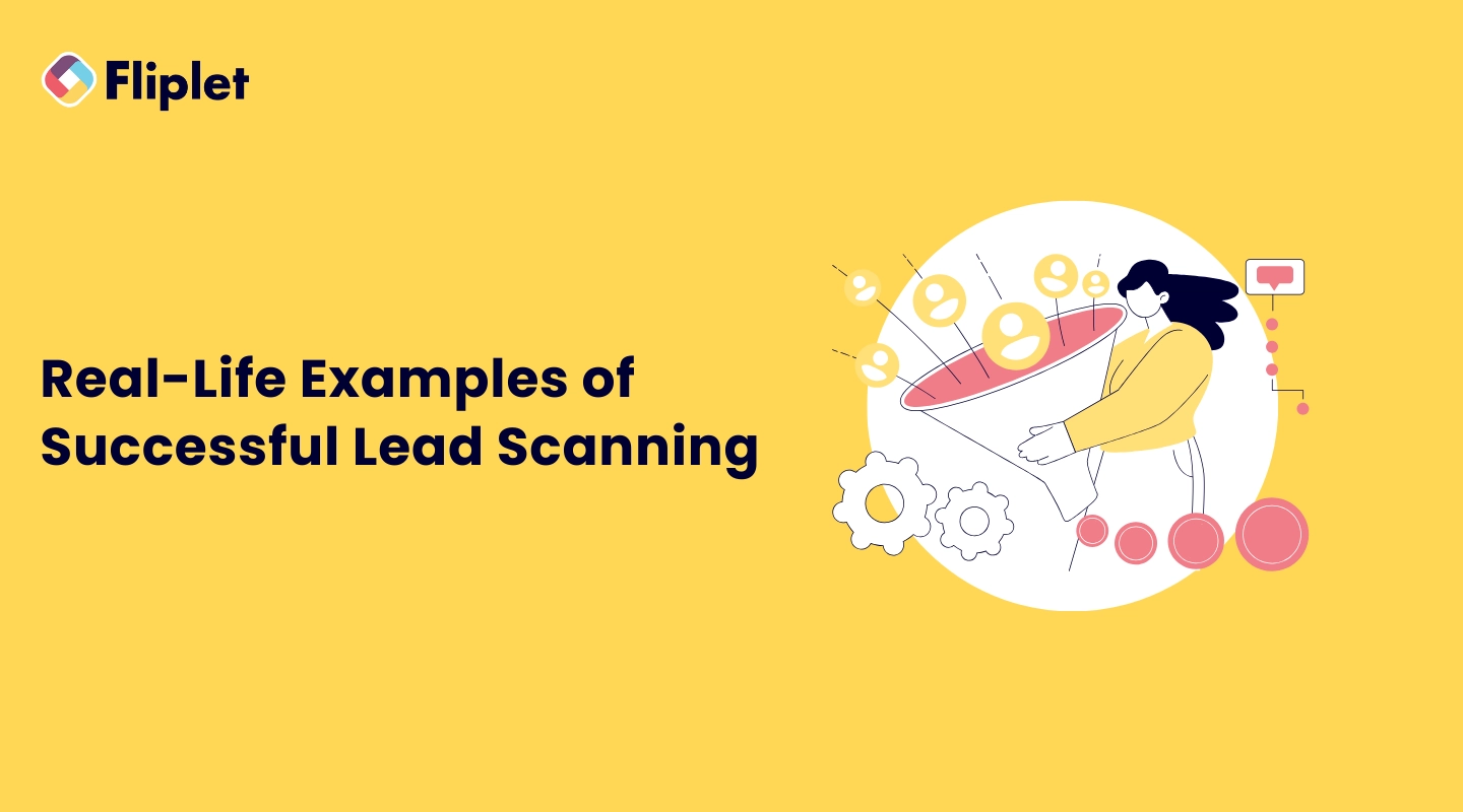 Illustration of event lead scanning results with captured prospects, analytics, and follow-up outcomes