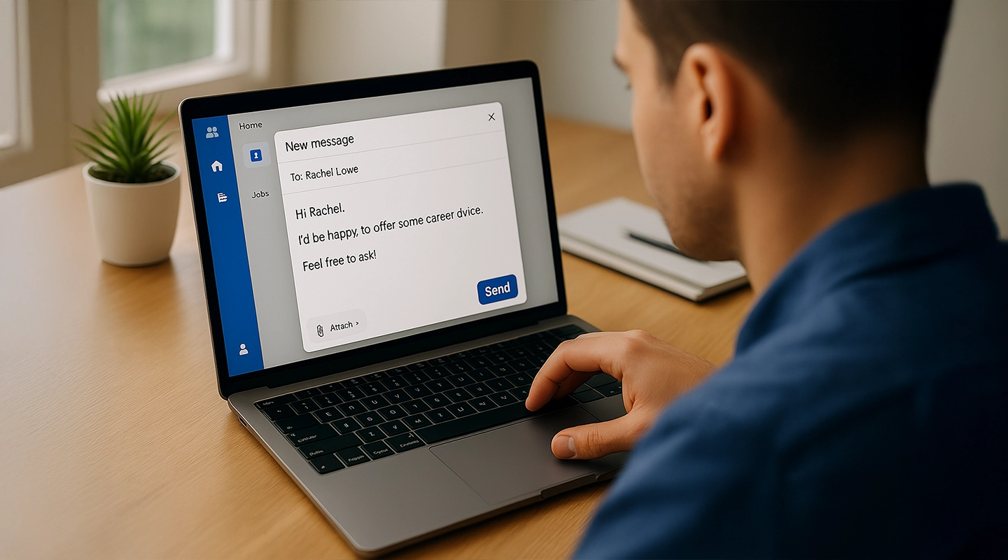 Professional offering career advice during a networking follow-up conversation