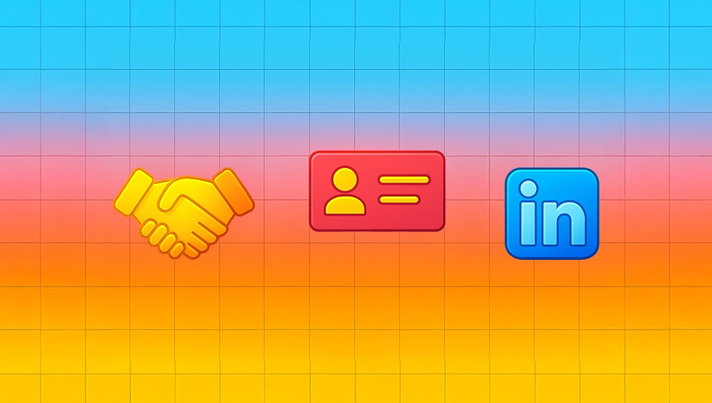 Illustrated networking event cover with professionals connecting, speaking, and exchanging contact details