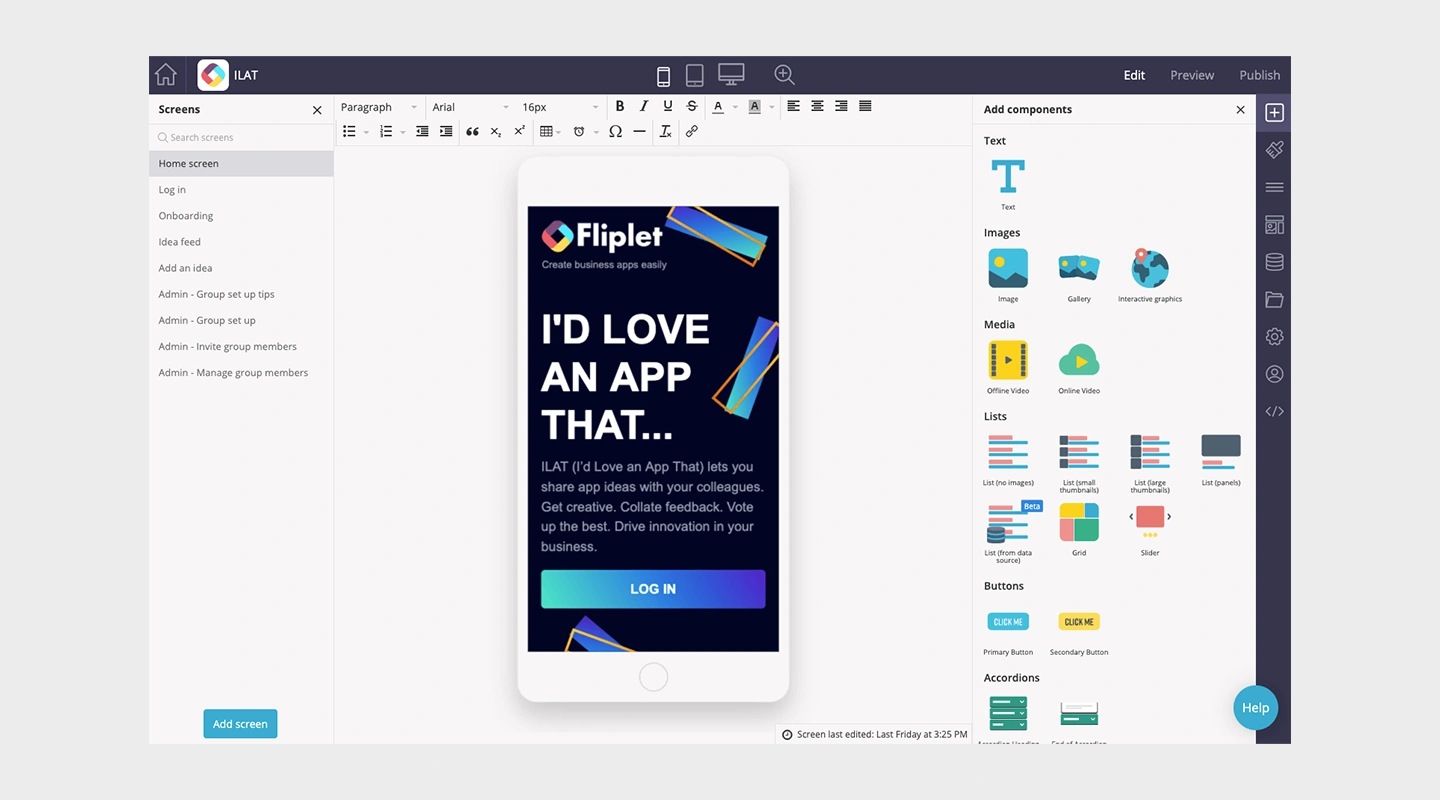Fliplet app builder interface showing a mobile retreat app being created