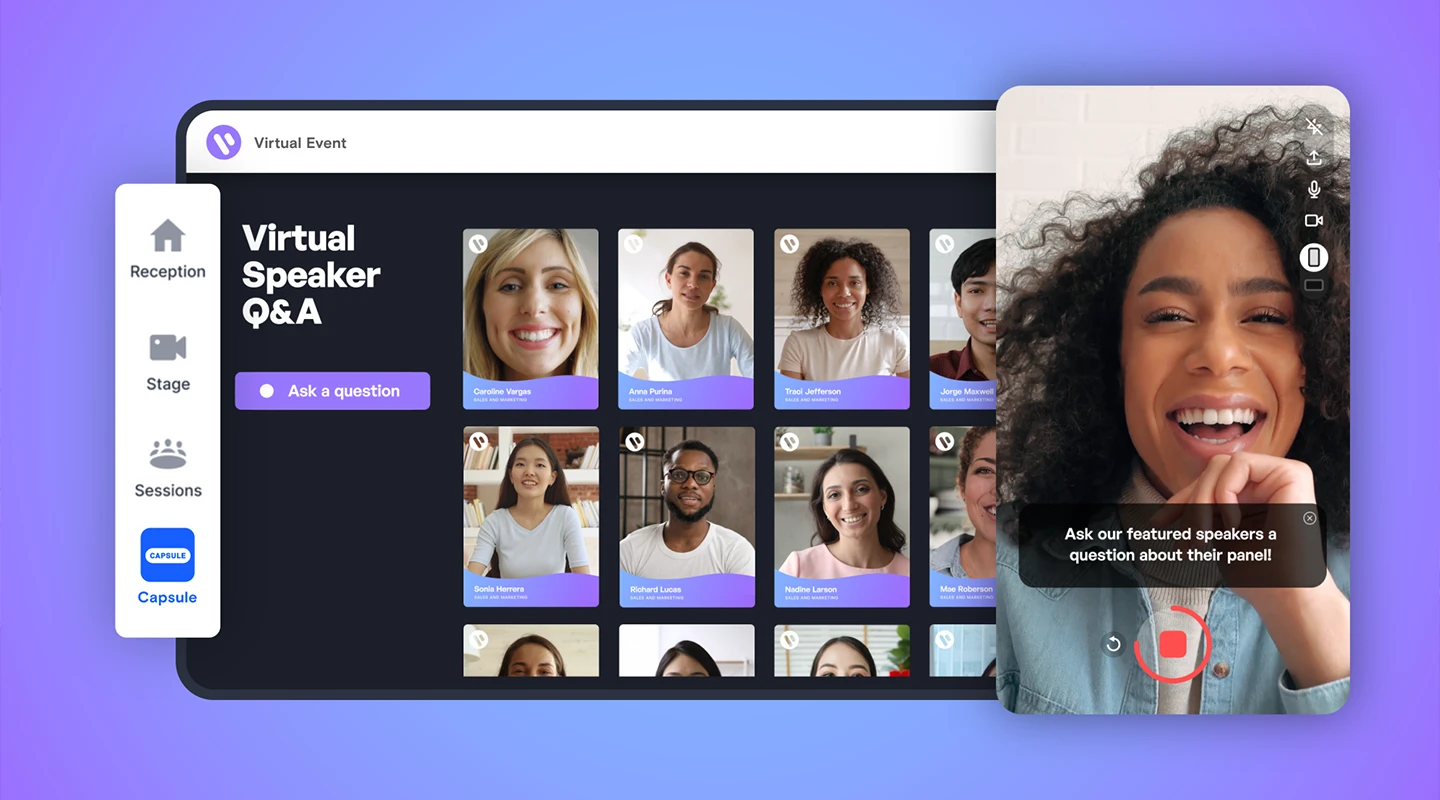 Hopin virtual event platform interface for sessions and networking
