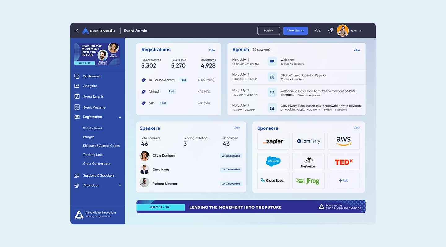 Accelevents event management platform interface with registration and engagement features