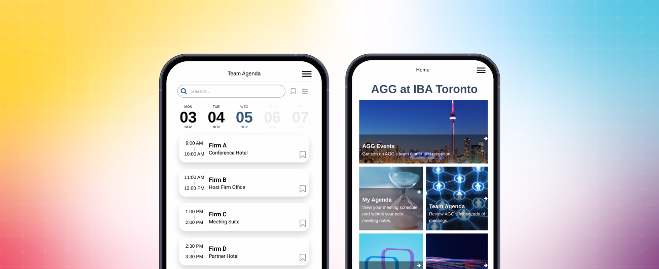 The AGG IBA app home screen and team agenda view used for meeting coordination.