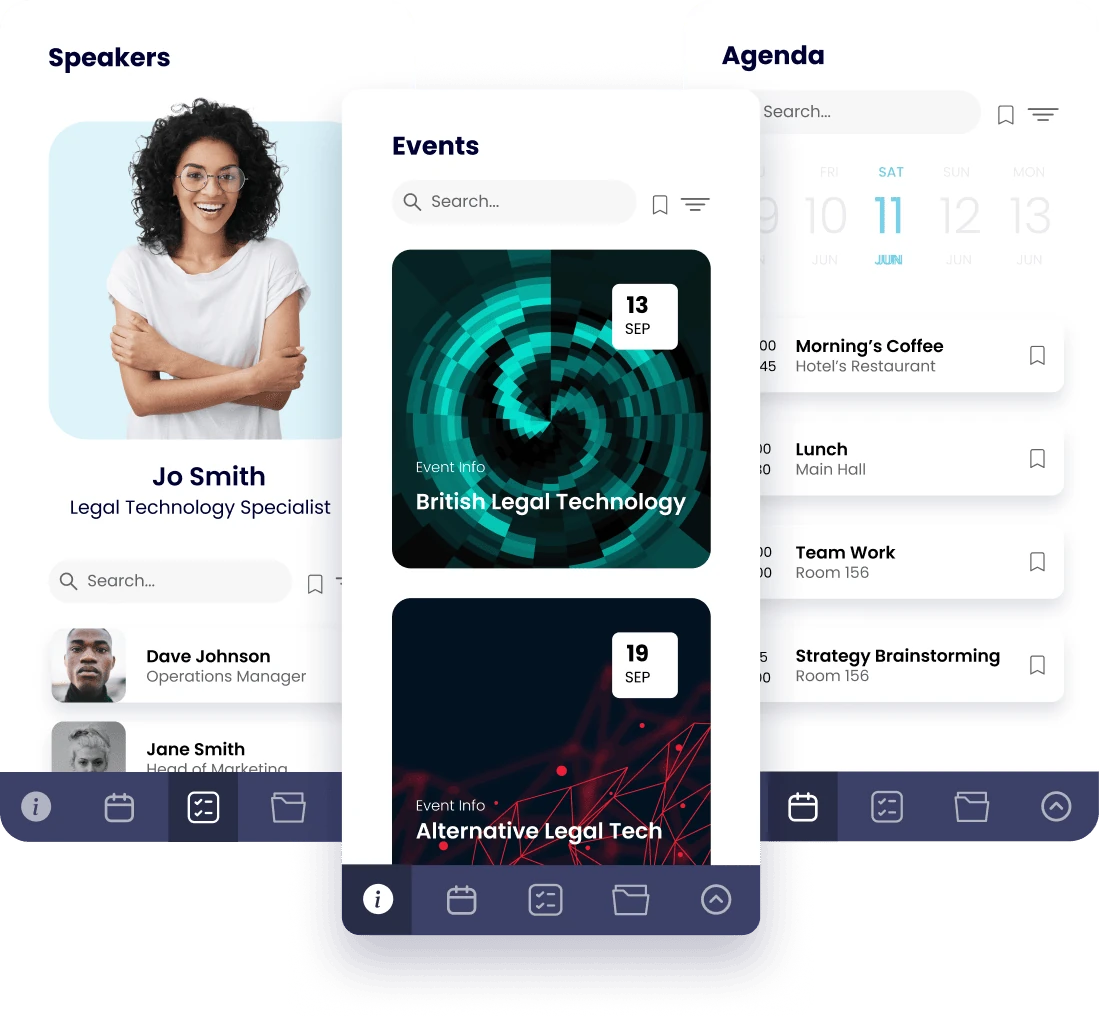 Corporate Event App interface showing event management features