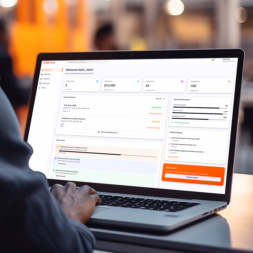 Exhibitor showcase interface with booth listings