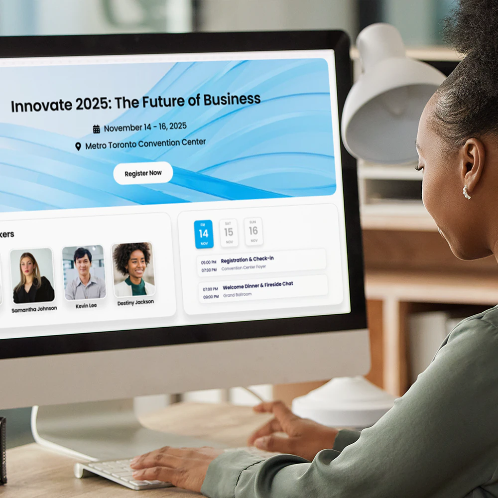 Laptop, smartphone and tablet mockups displaying Fliplet Event Website screens