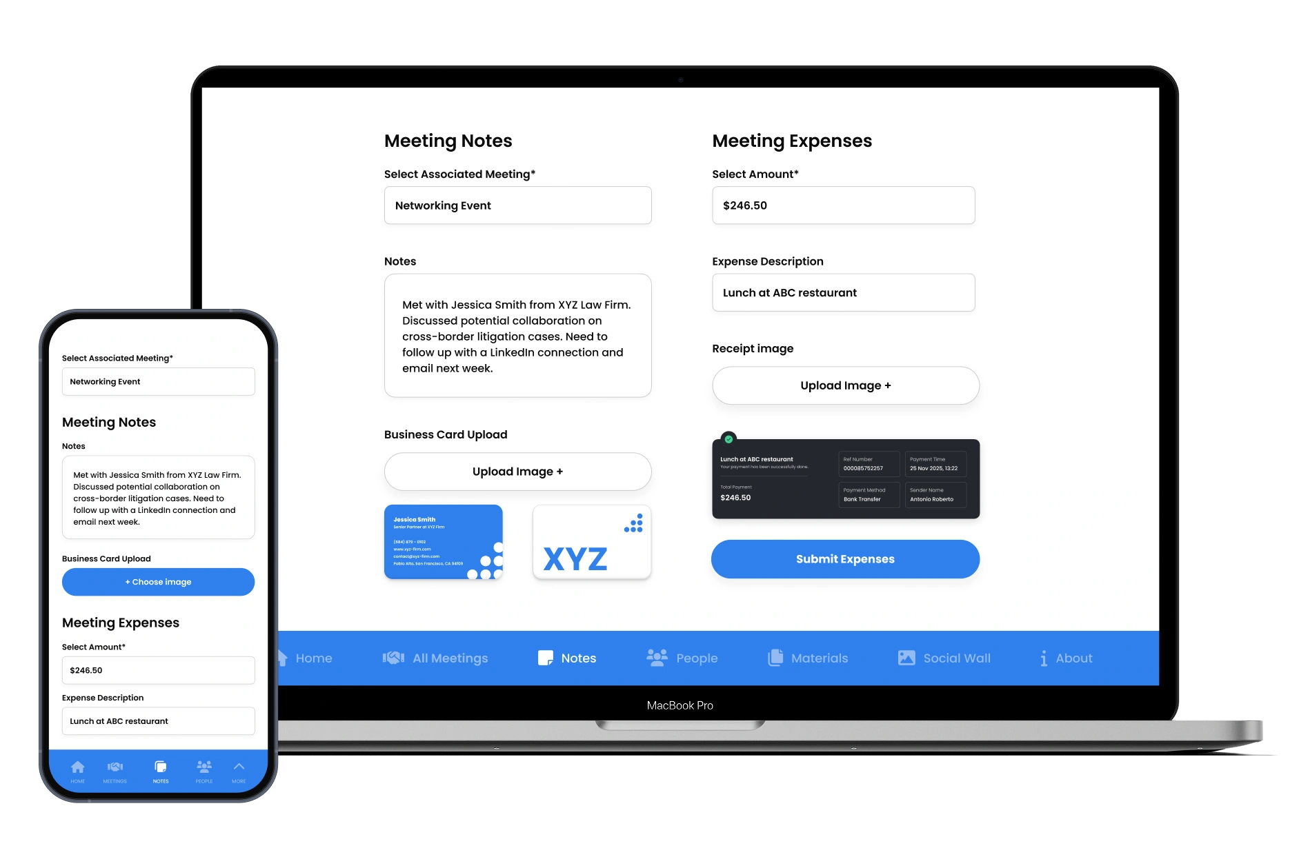 Meeting notes and expenses screen
