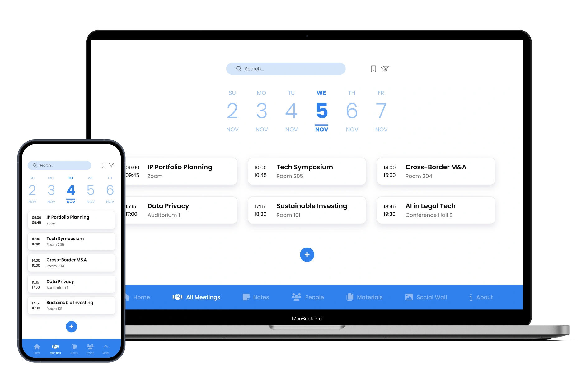 Meetings screen showing calendar and meeting schedule